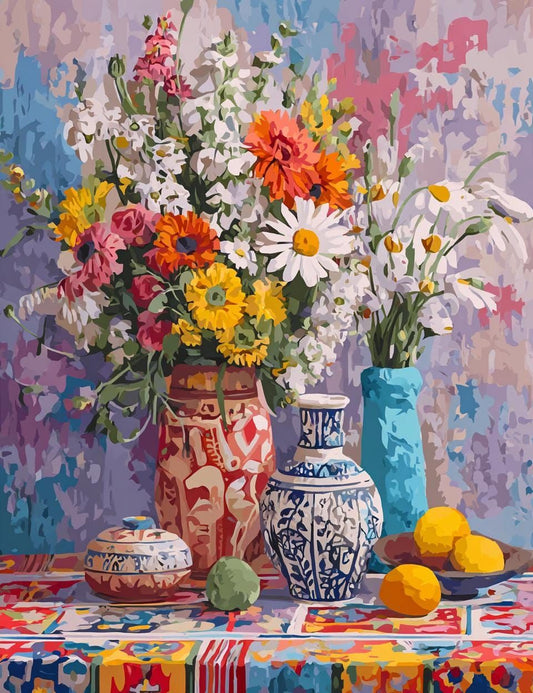 The image is a vibrant still life painting featuring a table with a variety of objects, including a vase with flowers, a bowl, a plate of fruit, and a blue and white vase. The background is a colorful abstract painting, adding depth and texture to the composition.