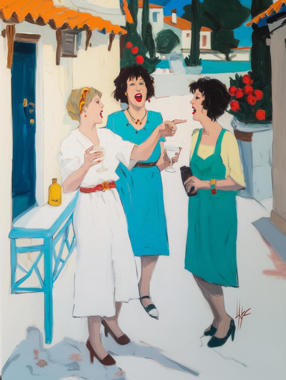 three women dressed in white and blue dresses, standing on a street with a blue railing and a building with a red roof in the background.