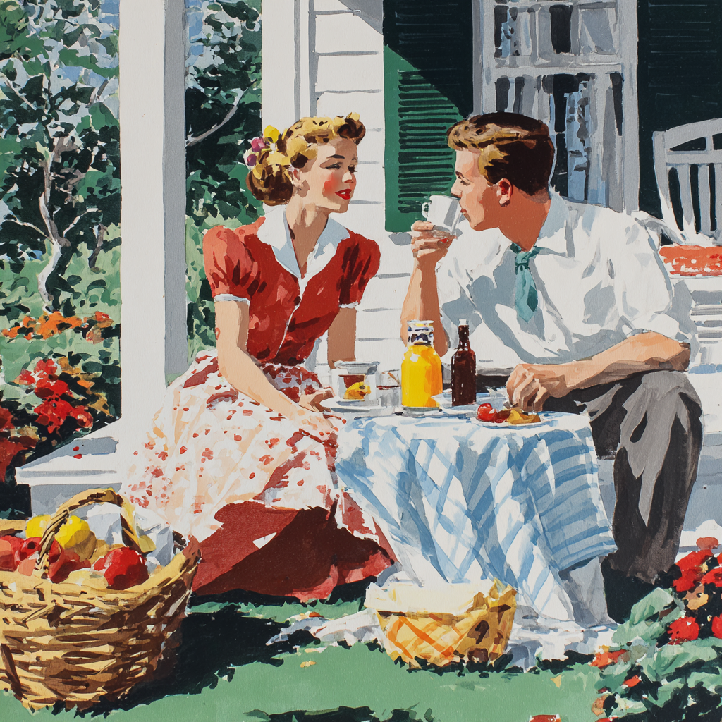 A man and a woman are sitting on a porch, enjoying a meal together. The woman is wearing a red dress and the man is wearing a white shirt. They are surrounded by baskets of fruit, a bottle of wine, and a basket of flowers. The scene is set against a backdrop of a white house with a porch and a tree.
