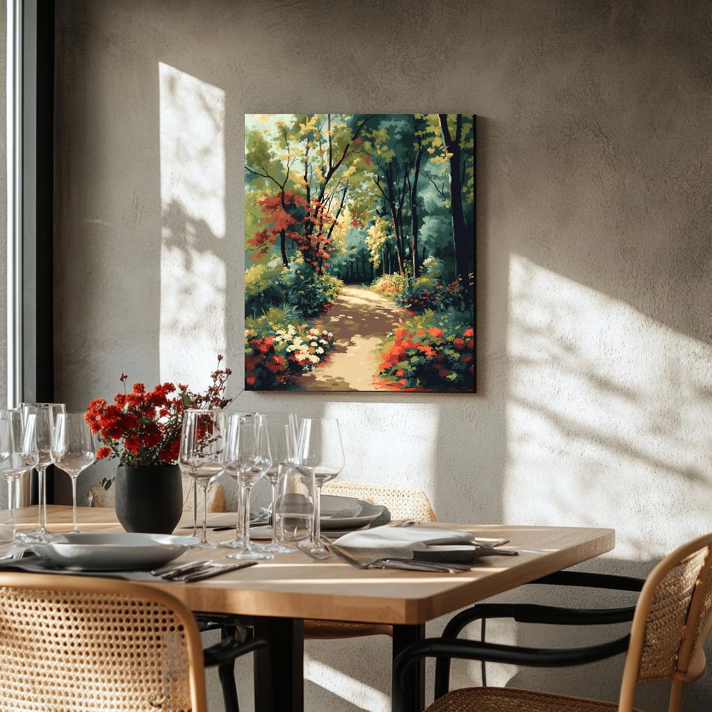 a painting of a path through a forest