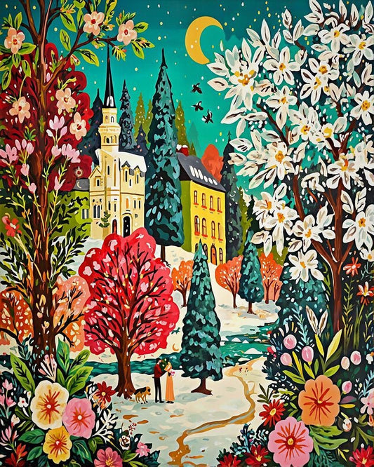 The image is a vibrant and colorful painting depicting a picturesque winter scene with a church, trees, and flowers.