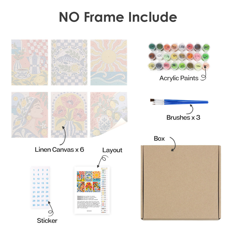 various art supplies and materials, including a box, acrylic paints, brushes, a box, a sticker, and a set of six linen canvases.