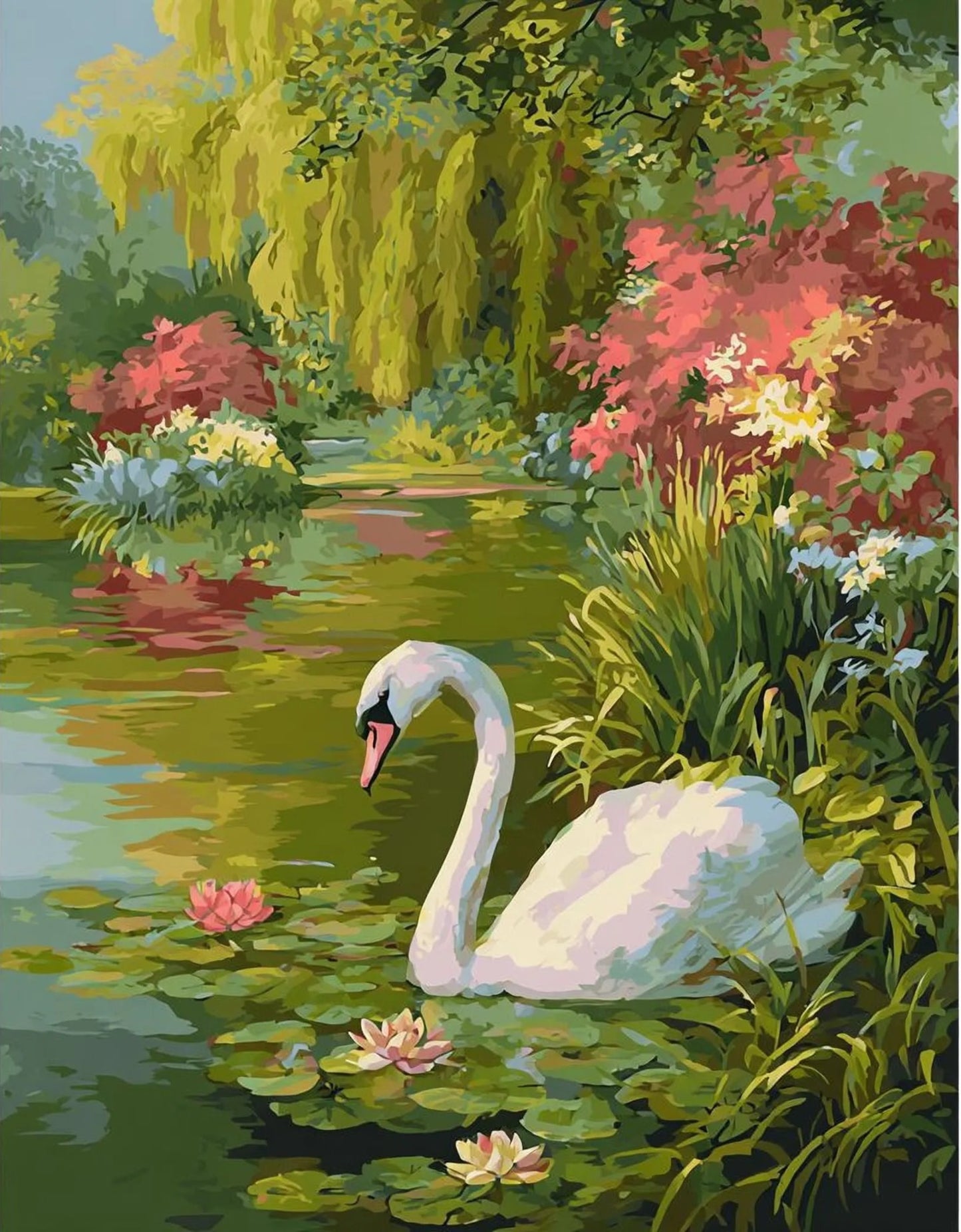 A white swan gracefully swimming in a pond, surrounded by vibrant flowers and lush greenery.