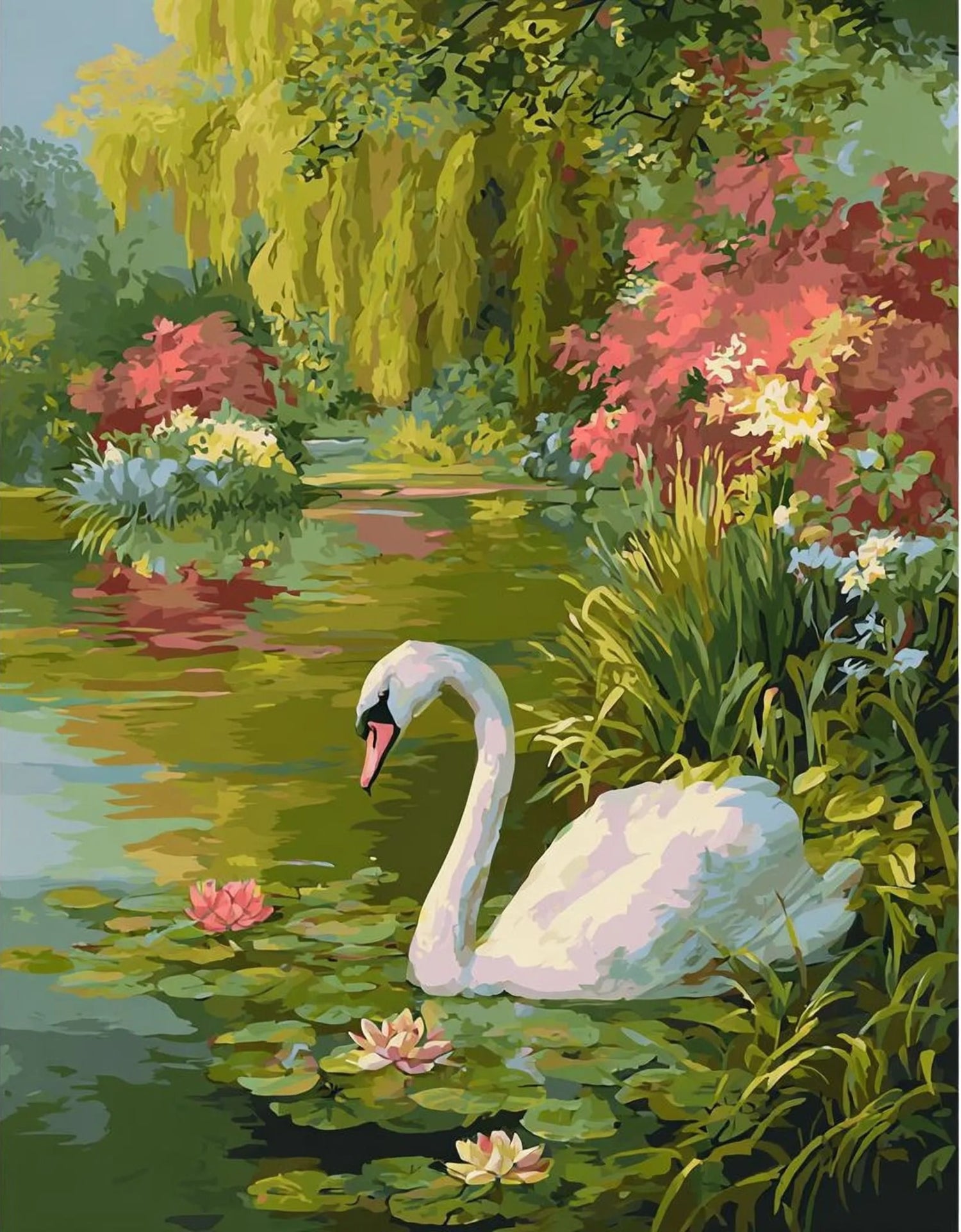 A white swan gracefully swimming in a pond, surrounded by vibrant flowers and lush greenery.