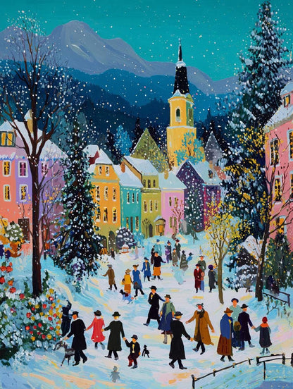 A vibrant winter scene depicting a small town with colorful buildings, a church steeple, and people walking through the snow-covered streets.