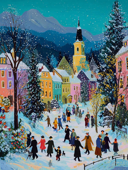 A vibrant winter scene depicting a small town with colorful buildings, a church steeple, and people walking through the snow-covered streets.