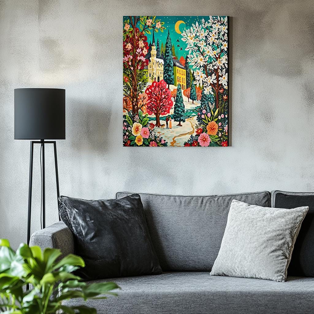 a cozy living room with a gray couch adorned with two black throw pillows. Above the couch, a vibrant painting of a colorful garden scene hangs on the wall, depicting a castle, trees, and flowers. A black floor lamp stands next to the couch, and a potted plant is visible in the foreground, adding a touch of greenery to the space.