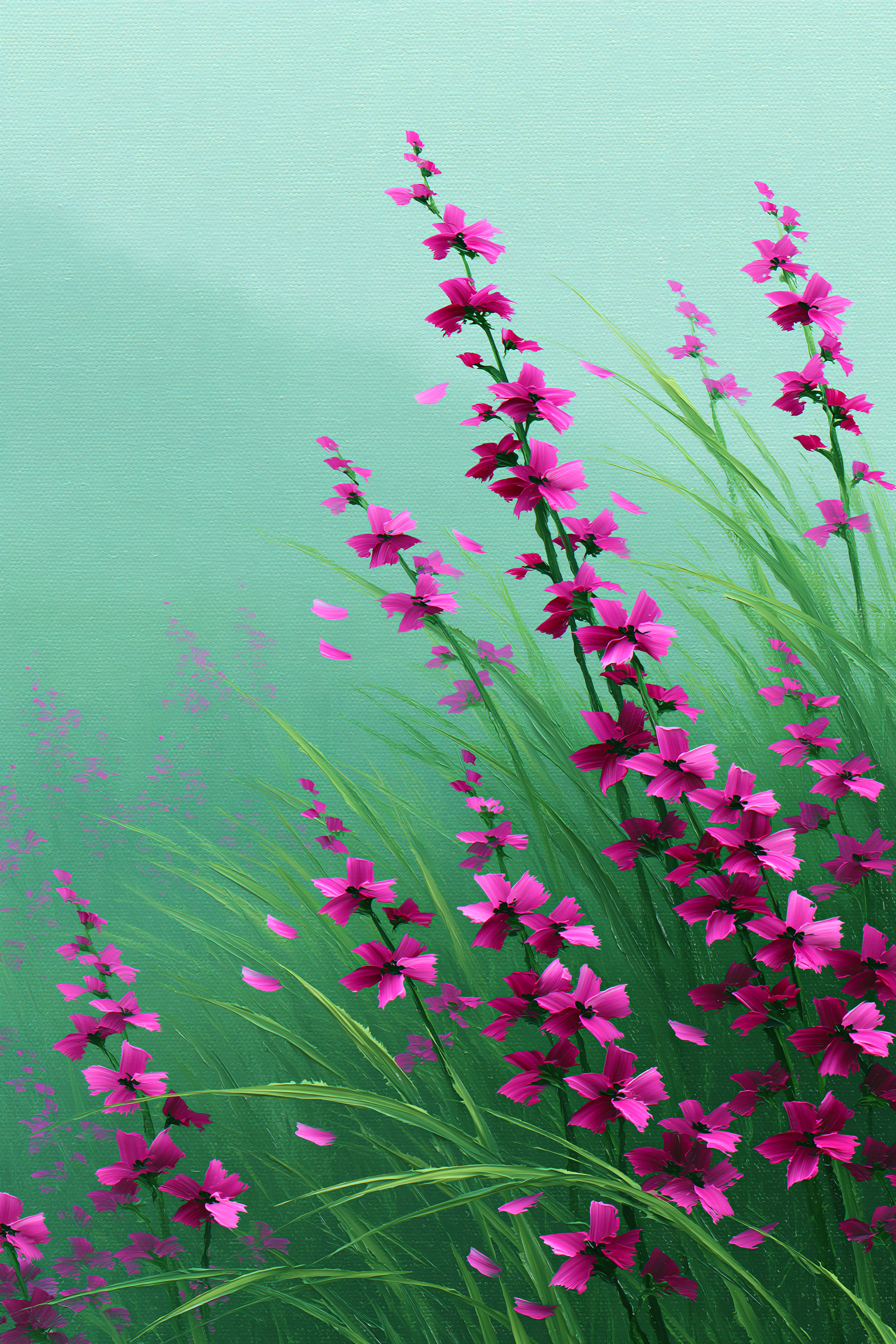 a field of tall grass with clusters of pink flowers blooming amidst the green foliage.
