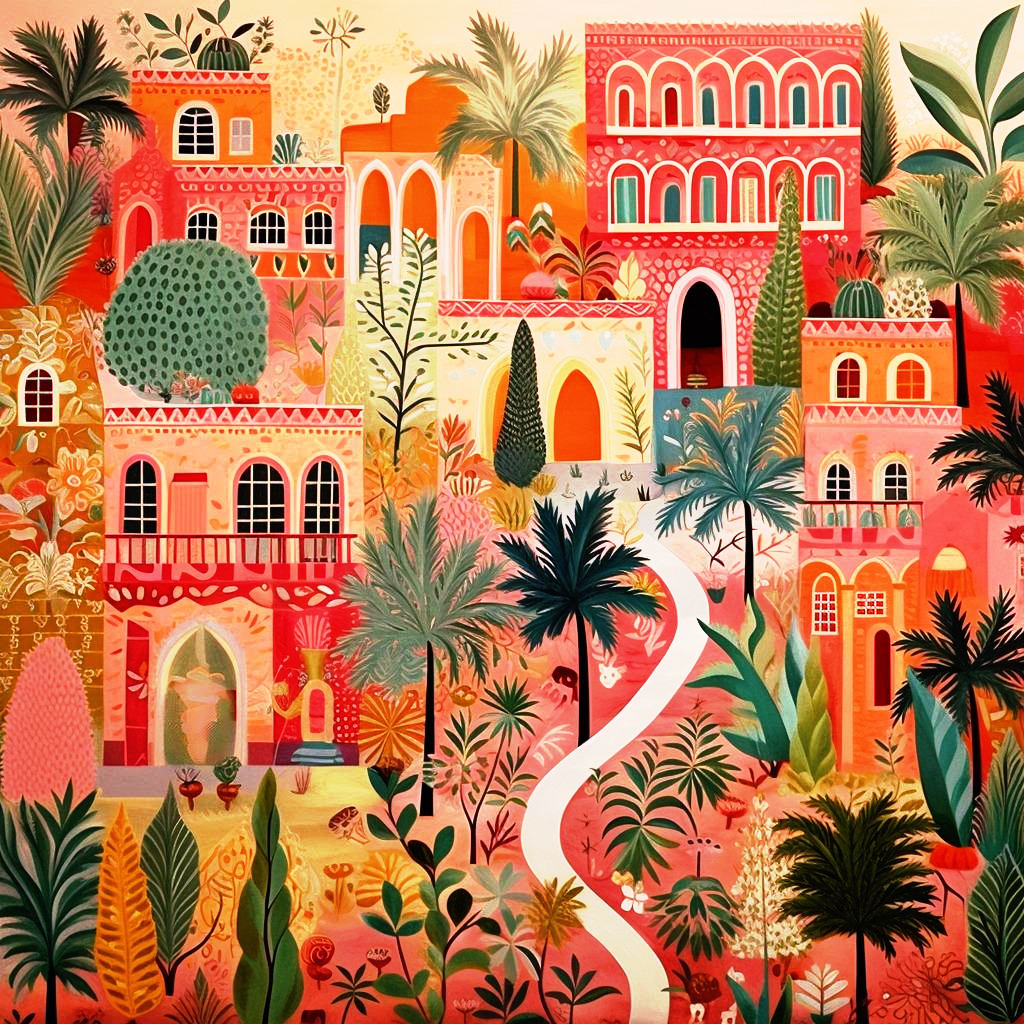 The image is a vibrant and colorful illustration depicting a tropical landscape with a variety of buildings, plants, and architectural elements.