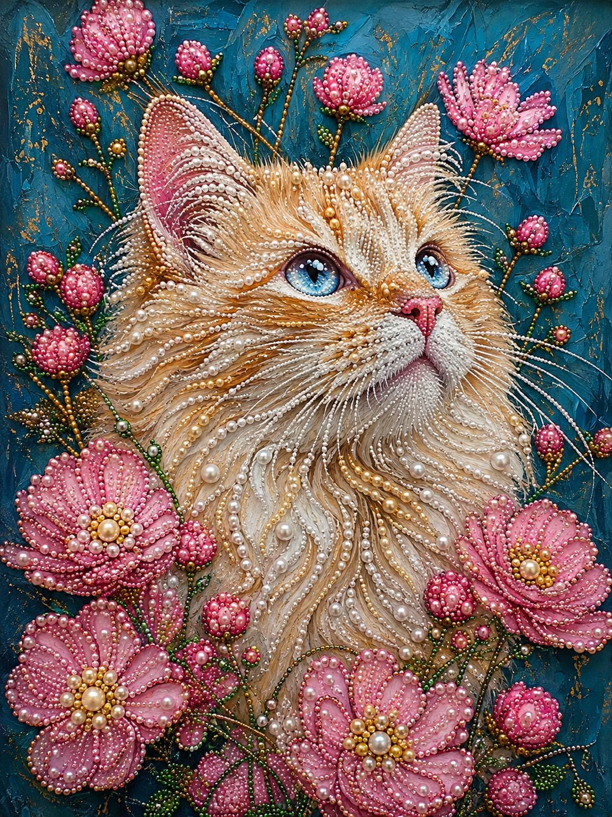 A close-up of a cat's face surrounded by pink flowers and branches, with intricate beading and embroidery work.