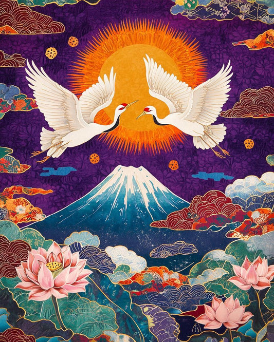 a painting of two white birds flying over a mountain