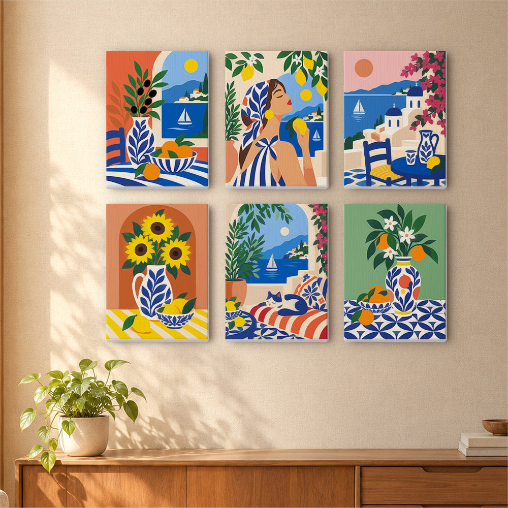 a wall with six colorful paintings arranged in a grid pattern, depicting various scenes and objects.