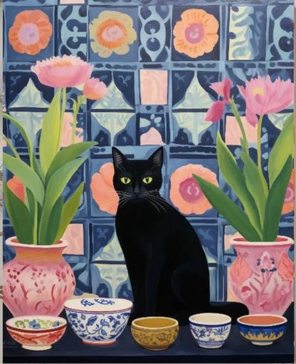 A black cat sits in front of a vibrant display of colorful flowers and vases, with various bowls and plates arranged in the foreground.