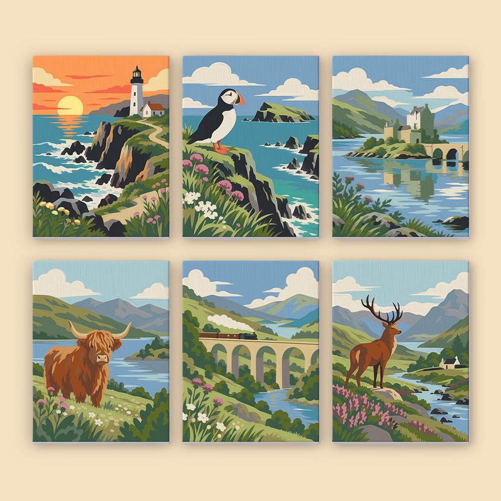 The image is a collage of six pictures depicting various landscapes and wildlife scenes, including a lighthouse, puffins, a castle, a cow, a bridge, and a deer.