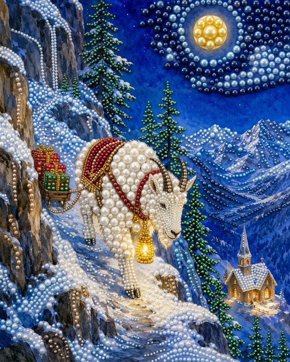 A white goat with a red blanket and a lantern is walking down a snowy mountain, with a castle and a full moon in the background.