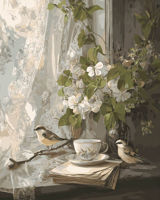 A still life painting depicting a window with a lace curtain, a vase of white flowers, a cup of tea, and two small birds perched on a branch.