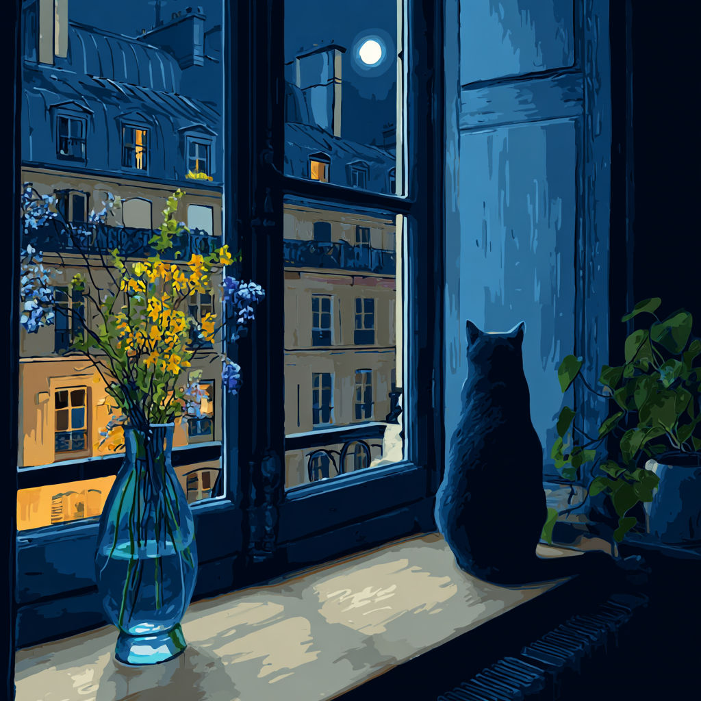 A black cat sits on a windowsill, gazing out at a cityscape at night, with a vase of yellow flowers and a plant nearby.