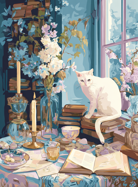 A white cat sits on a stack of books, surrounded by a vase of flowers, candles, and other decorative items, creating a cozy and inviting atmosphere.