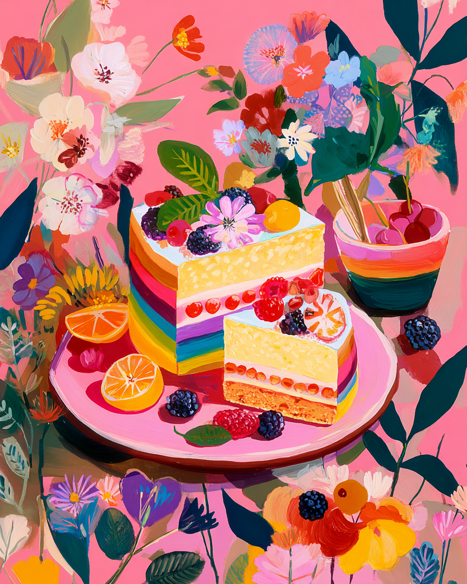 A vibrant and colorful illustration of a cake surrounded by an array of fresh fruits, flowers, and foliage against a pink background.