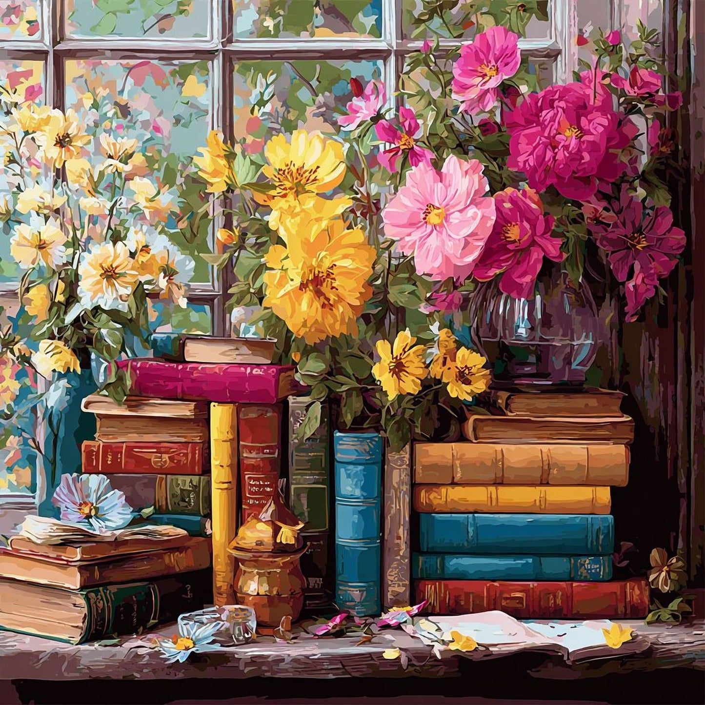 A vibrant and colorful still life painting featuring a variety of flowers, books, and other objects arranged on a wooden surface.