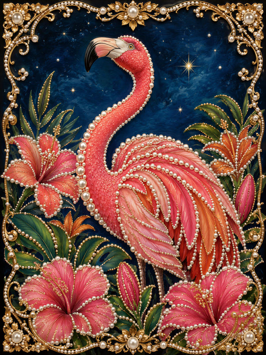 A vibrant, ornate painting of a flamingo surrounded by a lush, tropical garden scene, with intricate details and a rich color palette.