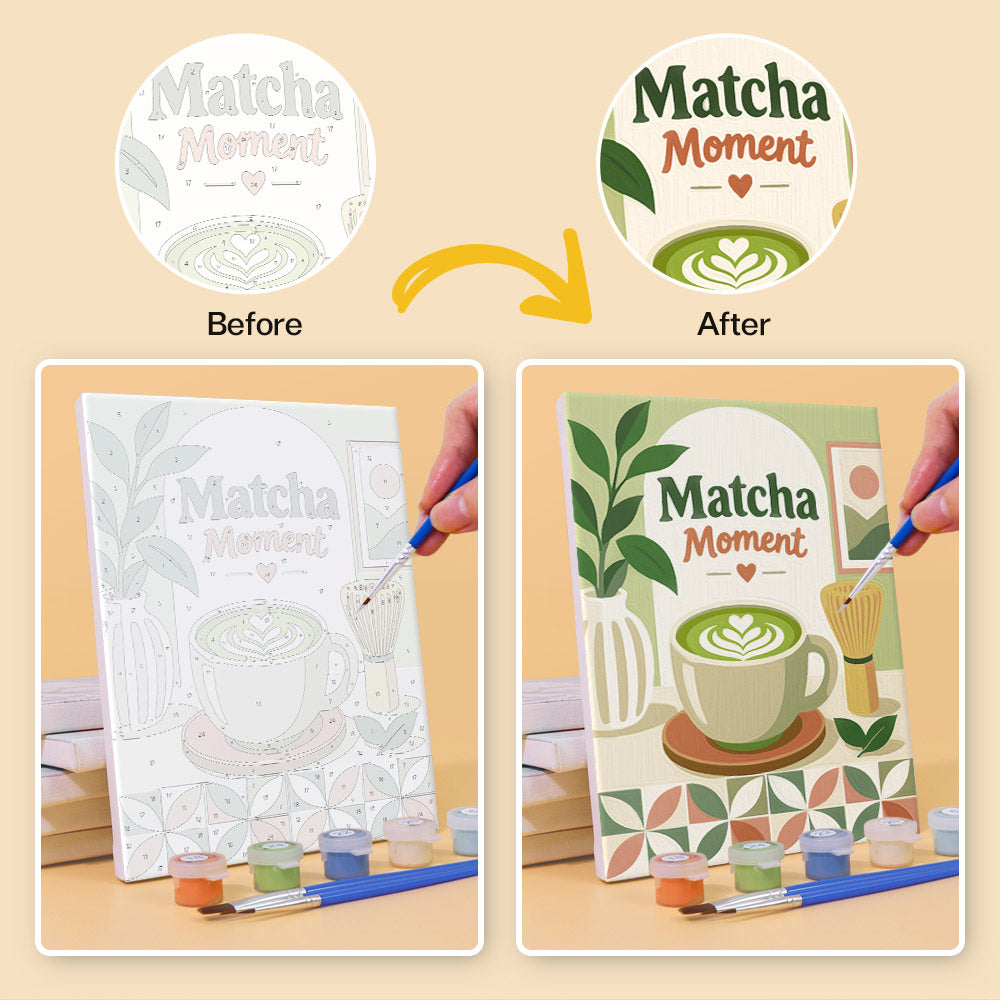 The image is a before and after comparison of a painting or drawing of a cup of matcha moment. The before image shows a simple sketch of a cup of matcha, while the after image shows a more detailed and colorful representation of the same cup of matcha.