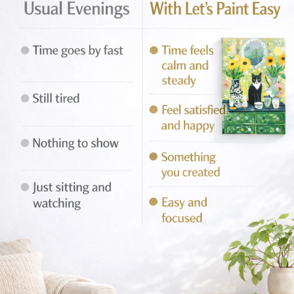 The image is a living room with a couch, a potted plant, and a painting of a cat on a dresser. The painting is titled "With Let's Paint Easy" and is described as a "Painting of a cat on a dresser".
