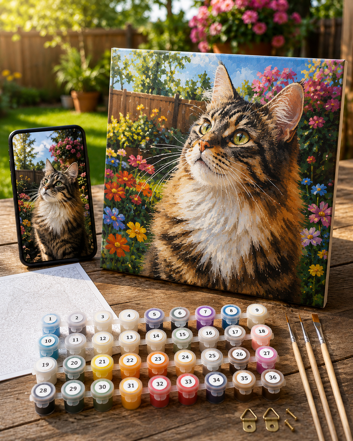 a painting of a cat surrounded by flowers, with a mobile phone displaying a similar image of the cat. There are also paintbrushes, paint tubes, and a paper on a wooden surface, suggesting an art project or painting session.