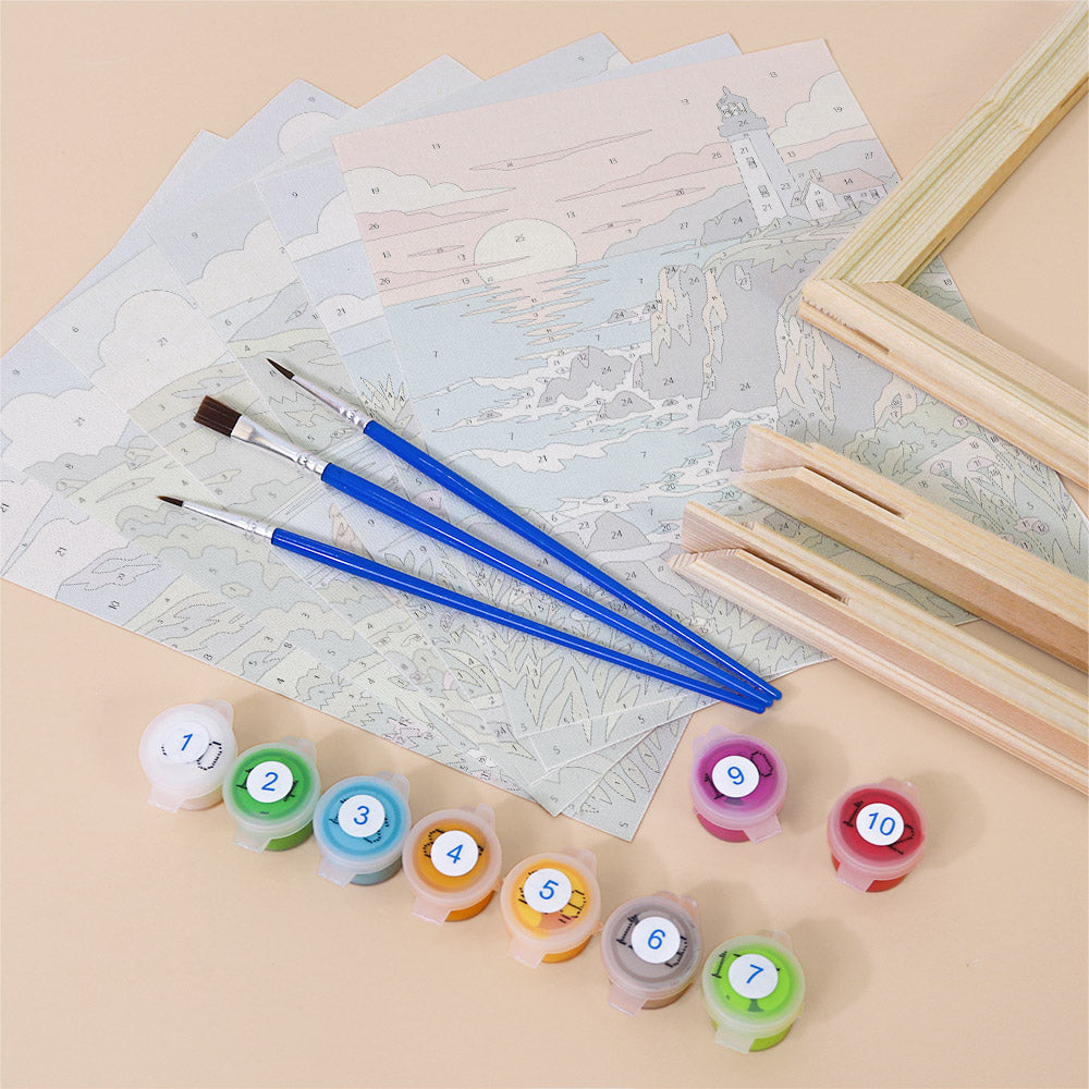 various art supplies, including paintbrushes, paint tubes, and a partially completed landscape painting.