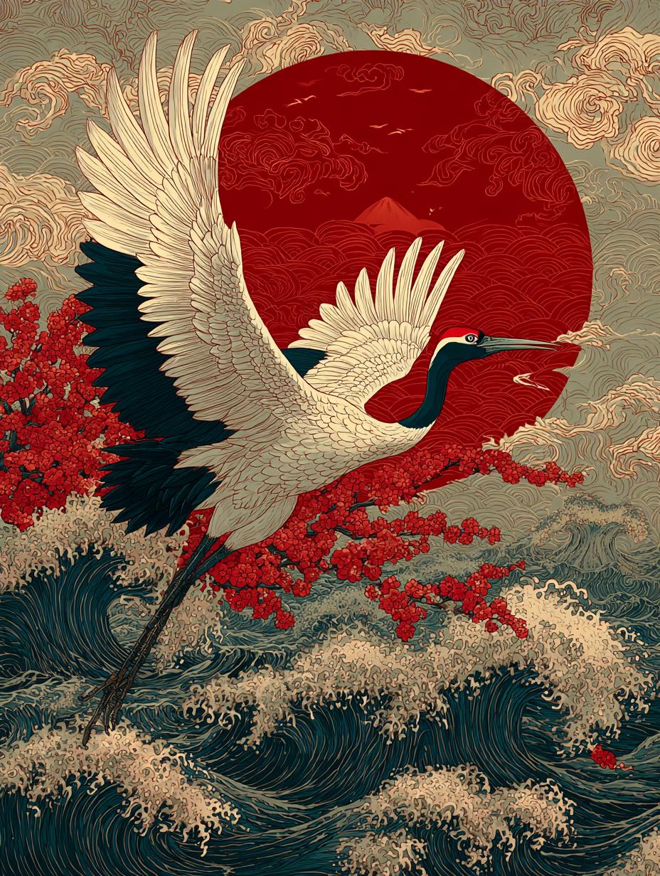 a painting of a crane flying over a body of water