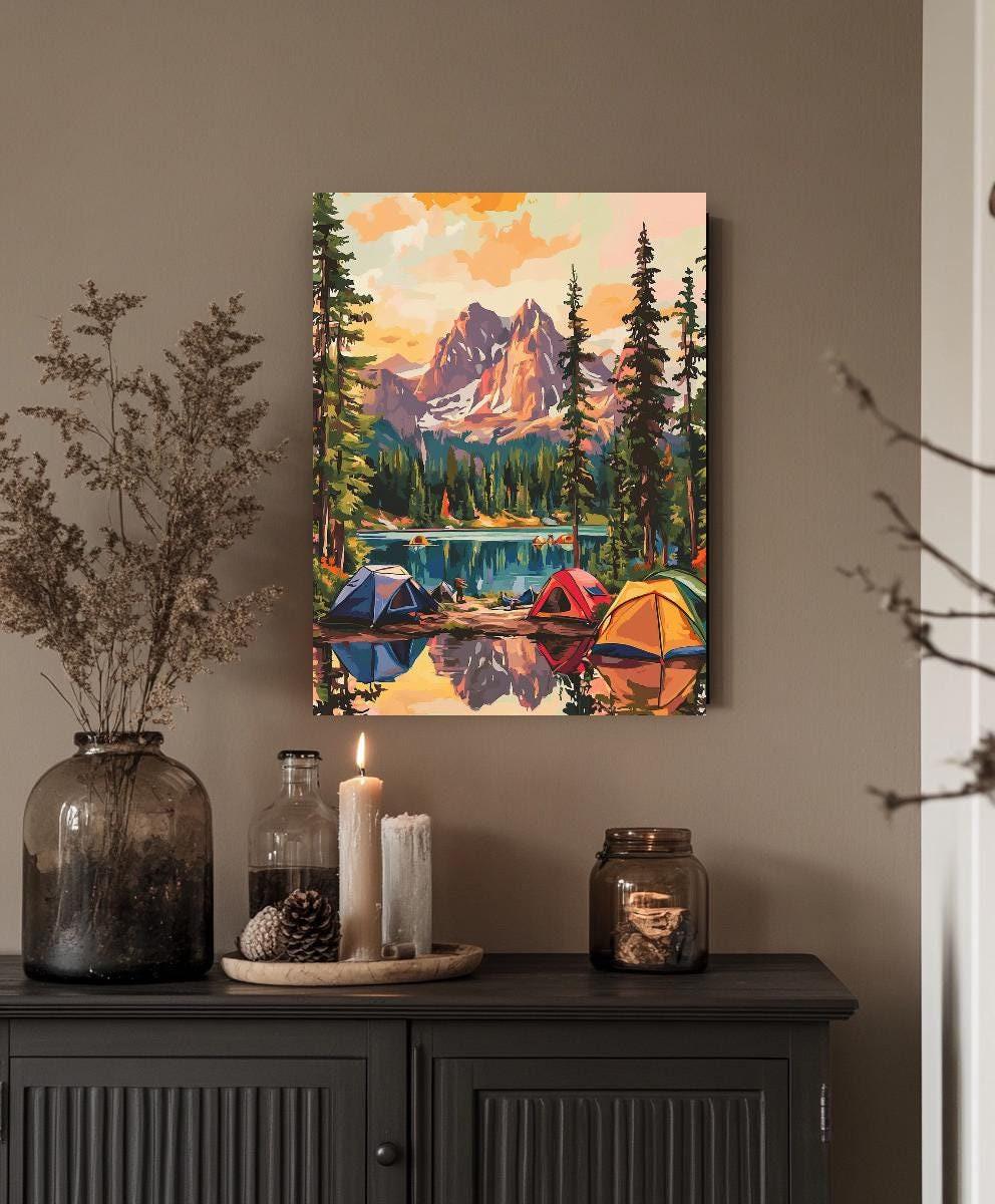 a painting on a wall above a cabinet
