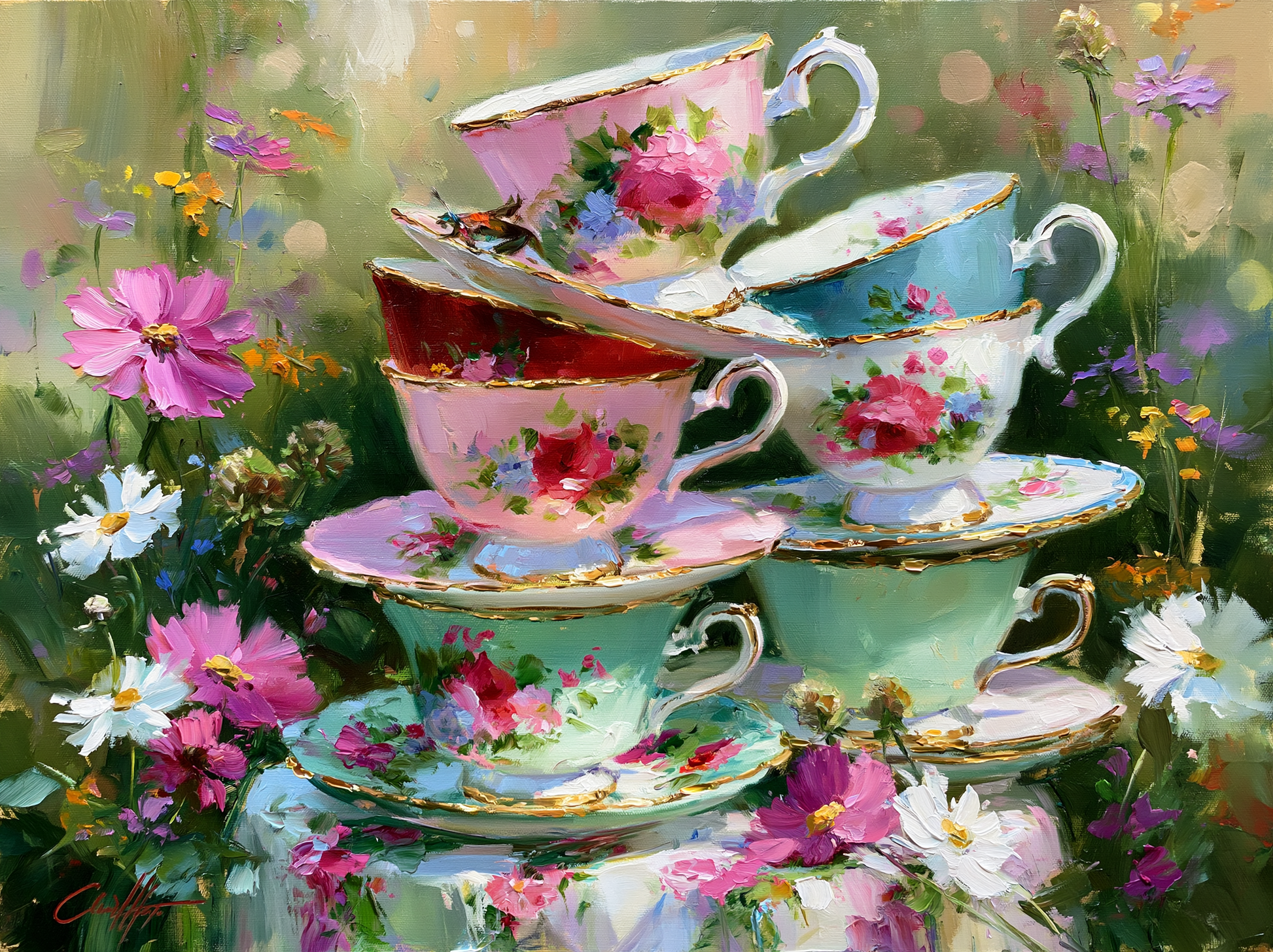A vibrant and colorful still life painting featuring a collection of ornate teacups and saucers, adorned with intricate floral patterns, set against a lush garden backdrop filled with blooming flowers.