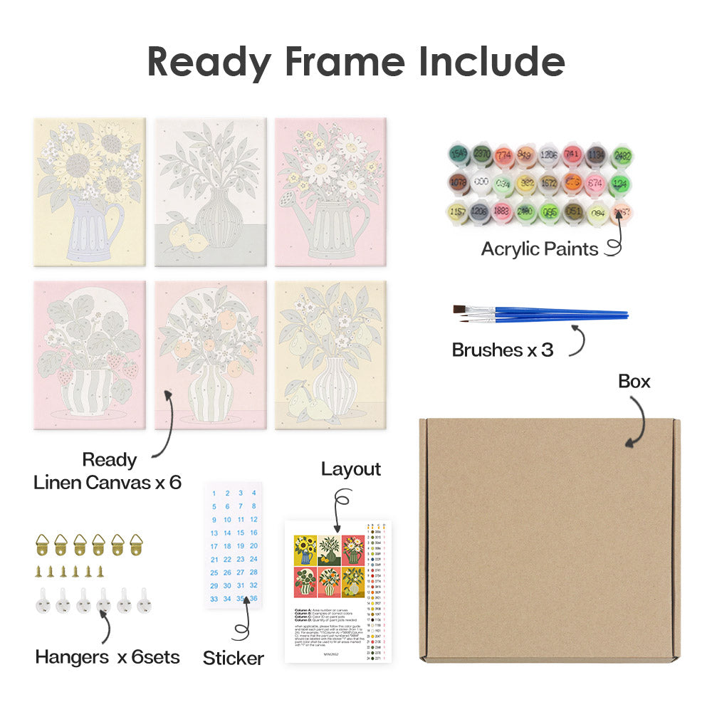 The image is a collage of various items related to a painting kit, including a ready frame, acrylic paints, brushes, a box, a layout, and a sticker.