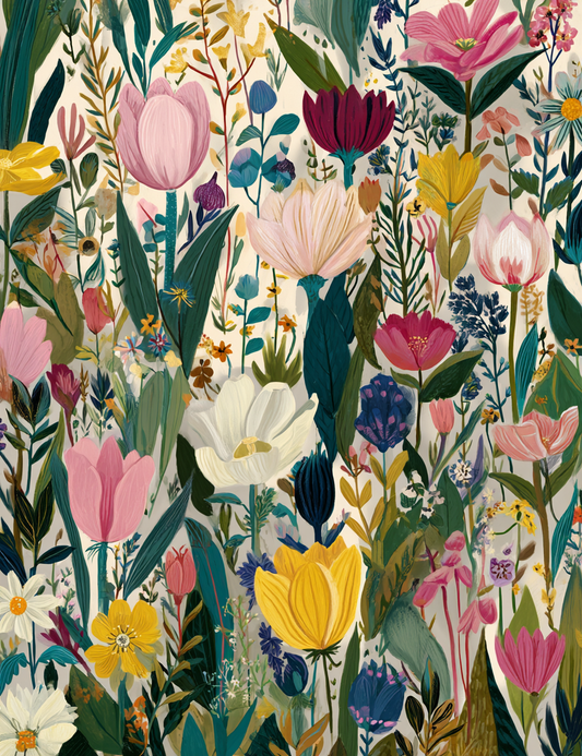 The image is a vibrant and colorful illustration featuring a variety of flowers and plants in shades of pink, yellow, blue, and green.
