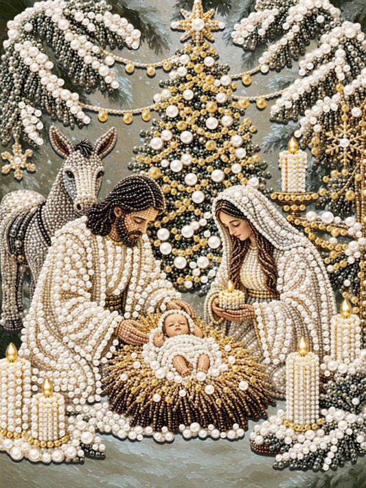 A detailed embroidered image depicting the Holy Family in a nativity scene, surrounded by various Christmas decorations and ornaments.