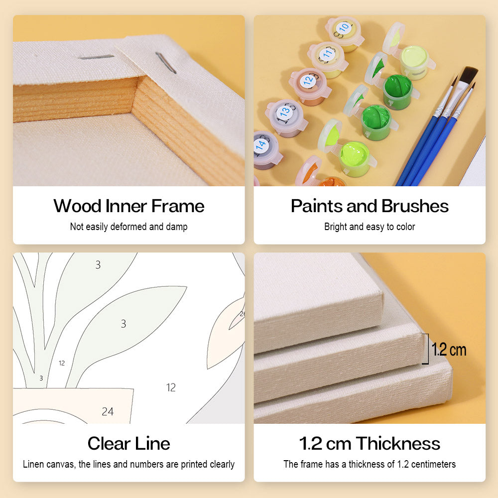 The image is a collage of four photos, each depicting different aspects of painting and framing. The first photo shows a wooden inner frame, the second photo displays paints and brushes, the third photo features a clear line canvas, and the fourth photo shows the dimensions of the frame.