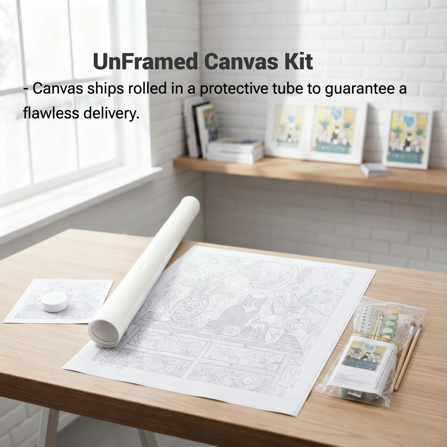 a wooden desk with a large canvas kit, a roll of paper, and various art supplies such as paintbrushes and a palette.