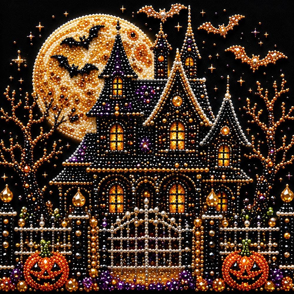 The image is a detailed and intricate Halloween-themed collage featuring a large, ornate house with a full moon, bats, and pumpkins.