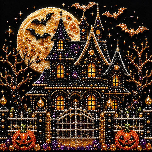 The image is a detailed and intricate Halloween-themed collage featuring a large, ornate house with a full moon, bats, and pumpkins.