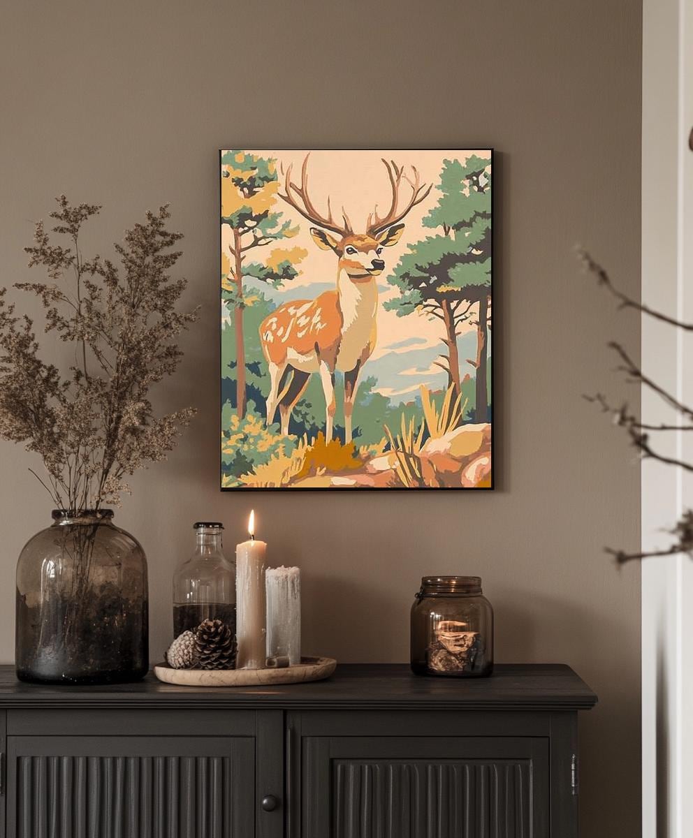 a picture of a deer on a wall above a cabinet