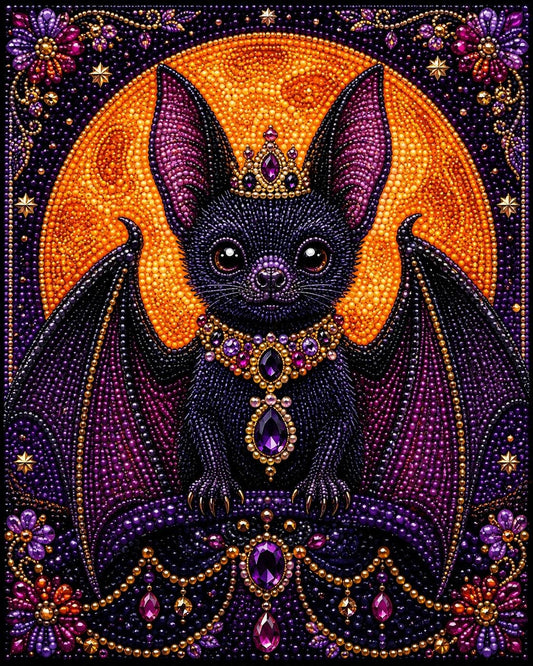 The image is a detailed and intricate bead art piece featuring a bat-like creature adorned with jewels and a crown, set against a vibrant background with a large orange moon and purple flowers.