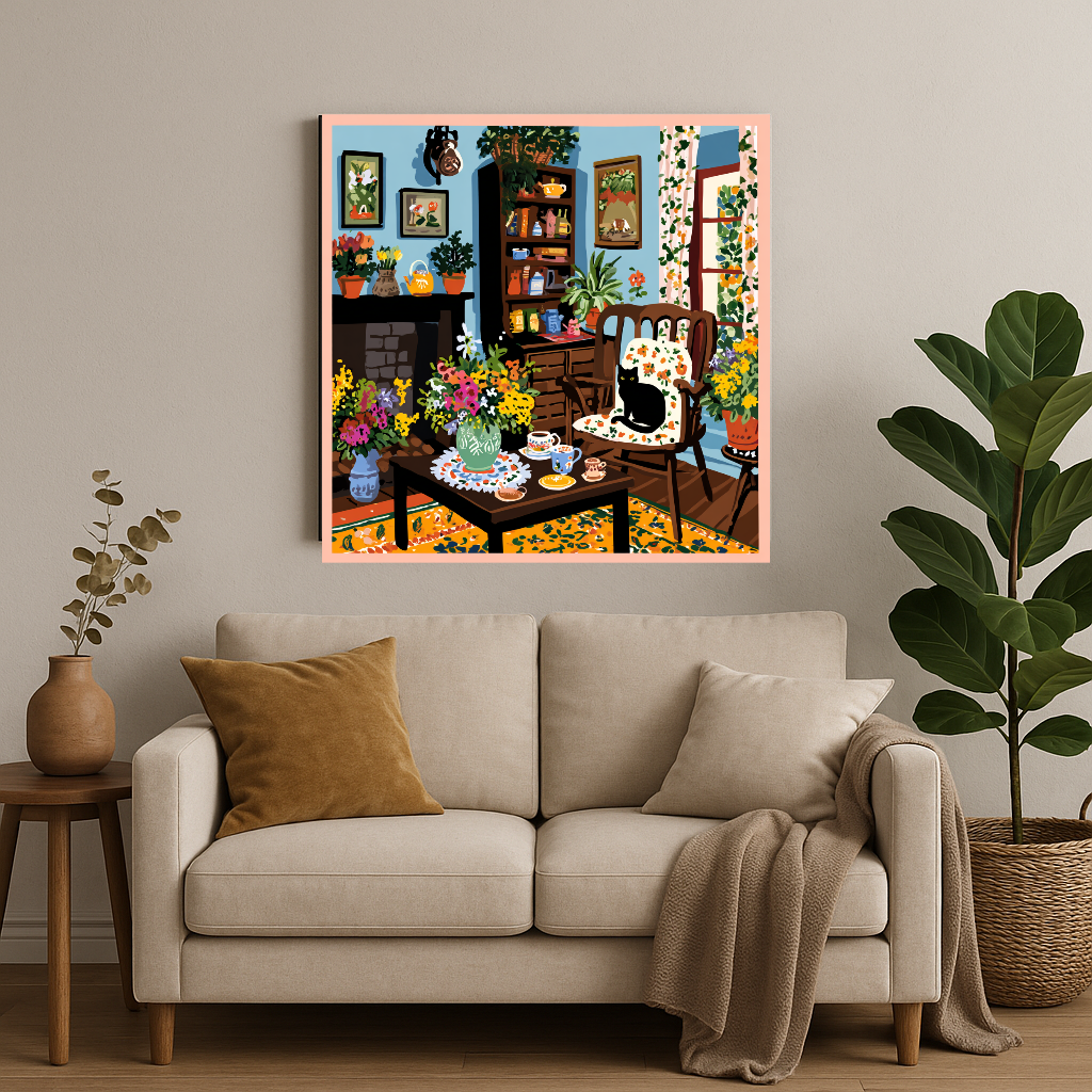 a cozy living room with a beige sofa, a wooden side table, and a large potted plant. A framed painting of a room with a fireplace, flowers, and a cat is hanging on the wall above the sofa.