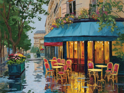 a charming Parisian street scene with a cafe on the corner, featuring outdoor seating and colorful flowers on the awning.
