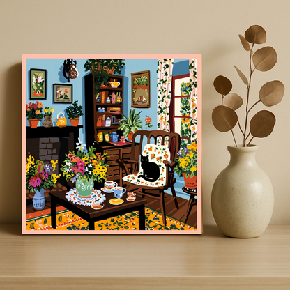 A cozy living room scene with a black cat sitting on a chair, surrounded by a variety of colorful flowers, plants, and decorative items.