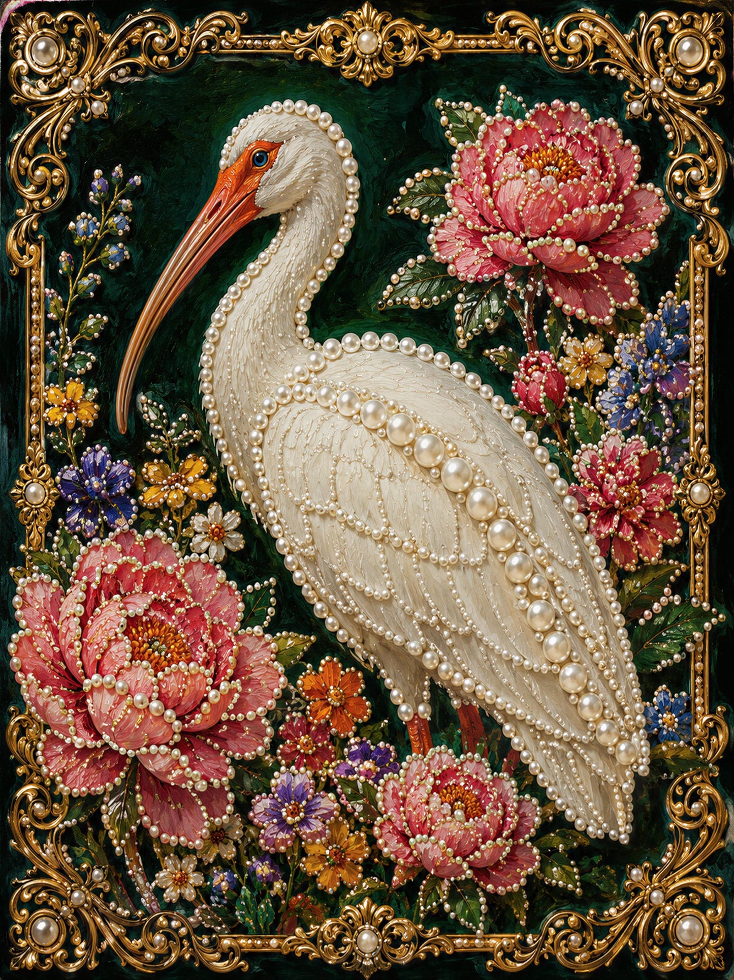 The image is a highly detailed and ornate painting featuring a white bird, possibly a crane, surrounded by a variety of colorful flowers and plants. The bird is intricately crafted with pearls and the background is a rich green color. The overall composition and intricate details of the artwork make it a visually striking and captivating piece.