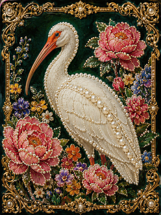 The image is a highly detailed and ornate painting featuring a white bird, possibly a crane, surrounded by a variety of colorful flowers and plants. The bird is intricately crafted with pearls and the background is a rich green color. The overall composition and intricate details of the artwork make it a visually striking and captivating piece.
