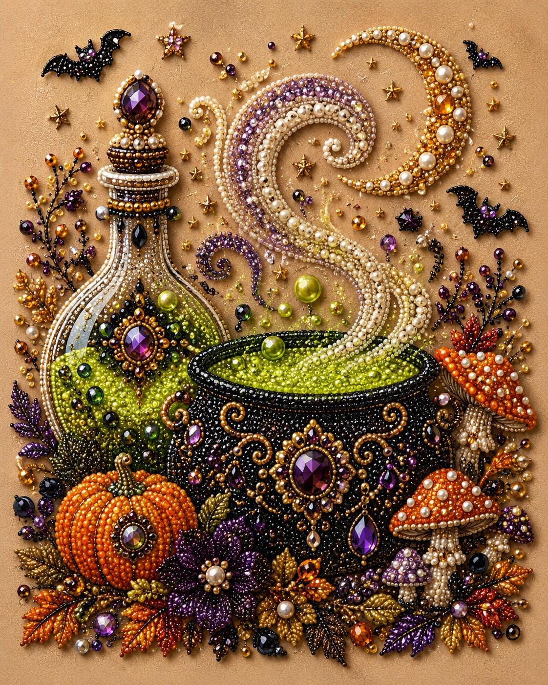 The image is a detailed and intricate collage featuring a variety of Halloween-themed elements, including a cauldron, pumpkins, mushrooms, and stars. The collage is composed of numerous small beads and beads, creating a visually striking and festive display.