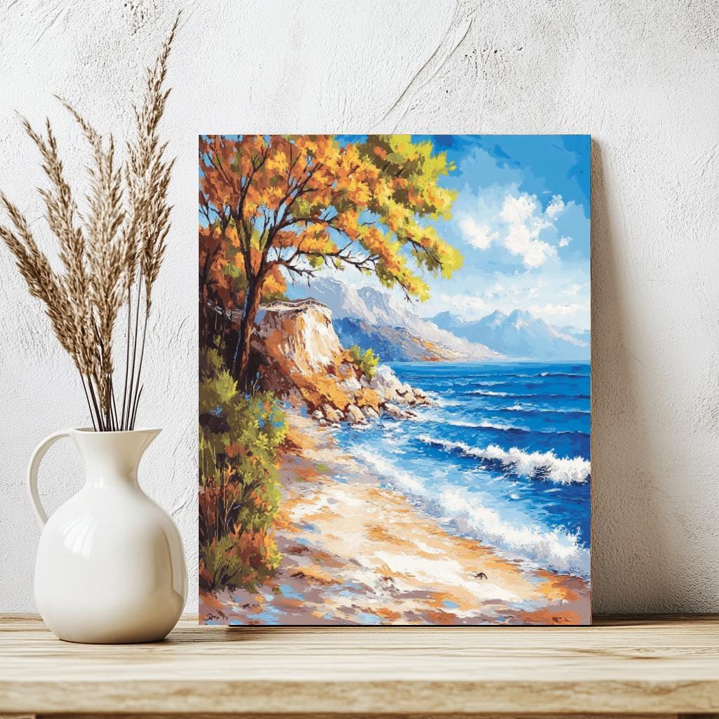 a painting of a beach with a tree by the water