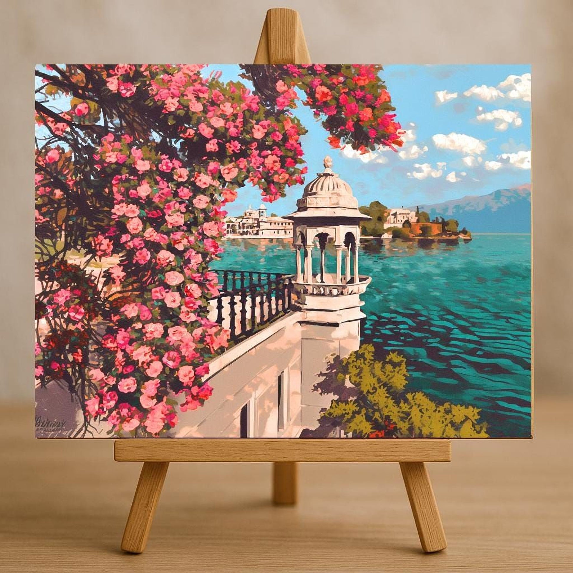 The image is a painting of a picturesque scene featuring a white building with a dome, surrounded by a lush garden with pink flowers, overlooking a serene body of water.