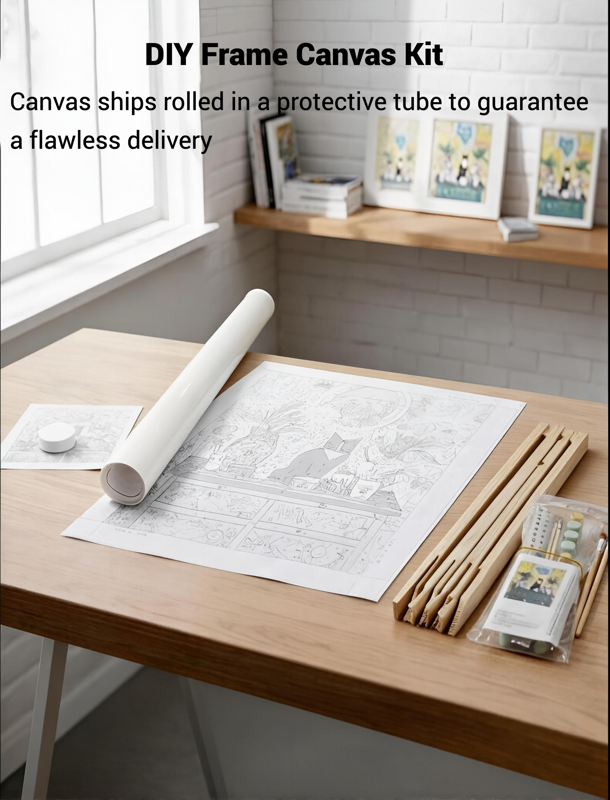 a DIY Frame Canvas Kit with a roll of paper and various art supplies, including pencils and paintbrushes, arranged on a wooden desk.